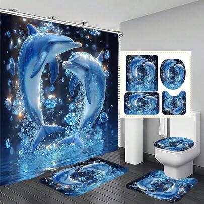 1pc/4pcs Dreamy Dolphin Crystal Pattern Multifunctional Bathroom Decor Shower Curtain Set, Free 12 Hooks Included, Elegant Holiday Vibe, Bathroom Mat, U-Shaped Toilet Mat And Round Toilet Mat, Suitable For All Scenarios Bathroom Set