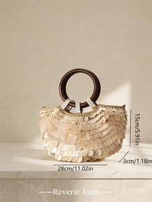 白色时尚度假风女士手提包，手工编织亚克力贝壳装饰，圆形珍珠手柄，适合搭配各种时尚服饰，糖果沙滩风，旅行必备。 - 米色 - 查看 5