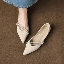 Women's Flat Slip-On Shoes, New Fashion Outdoor Flat Shoes With Inner Height Increase, Pointed Toe, Pearl & Rhinestone Decor, Ballerina Shoes, Solid Color, Soft Bottom, Soft Leather Loafers, French Style Shoes, Versatile Low-Cut Slip-On Loafers, Gentle Flat Shoes - Apricot - View 9