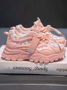 儿童字母图案网眼厚底运动鞋 - 透气运动鞋，配有可调节抽绳 - 粉色 - 查看 6