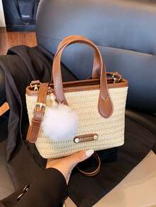 Túi xách nữ phong cách Boho giả rơm đan, túi đeo chéo mini có quai xách phía trên và tua rua, túi đi biển mùa hè tiện dụng hàng ngày. - màu nâu - Xem 7
