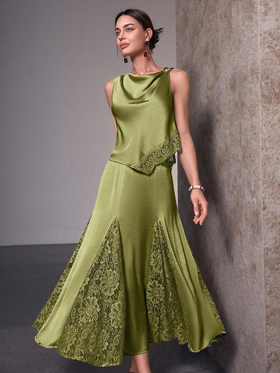 Sollinarry 女士春夏时尚无袖高领金属装饰上衣,不对称下摆搭配蕾丝边中长裙两件套,适合派对、约会、婚礼宾客等场合,尽显优雅气质。 - 綠色 - 查看 1