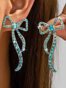 1 Pair Fashion 3D Large Alloy Rhinestone Bow Stud Earrings - Turquoise - View 6