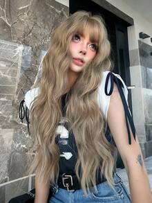28英寸棕色长波浪假发，女士款 - 优雅蓬松中分卷发假发，丝质合成耐热纤维假发，适合日常佩戴、音乐节、斋月期间打造迷人造型、角色扮演服装 - 假发配件 - 棕色 - 查看 3