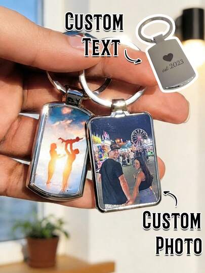 Llavero personalizado de acero inoxidable con foto y texto grabado, llavero personalizado de doble cara adecuado para mujeres, hombres, parejas, novios, regalo del Día de San Valentín, familia, mascotas, brillo retro, neutro, casual, lindo personalizado, único, delicado romántico, práctico y de moda
