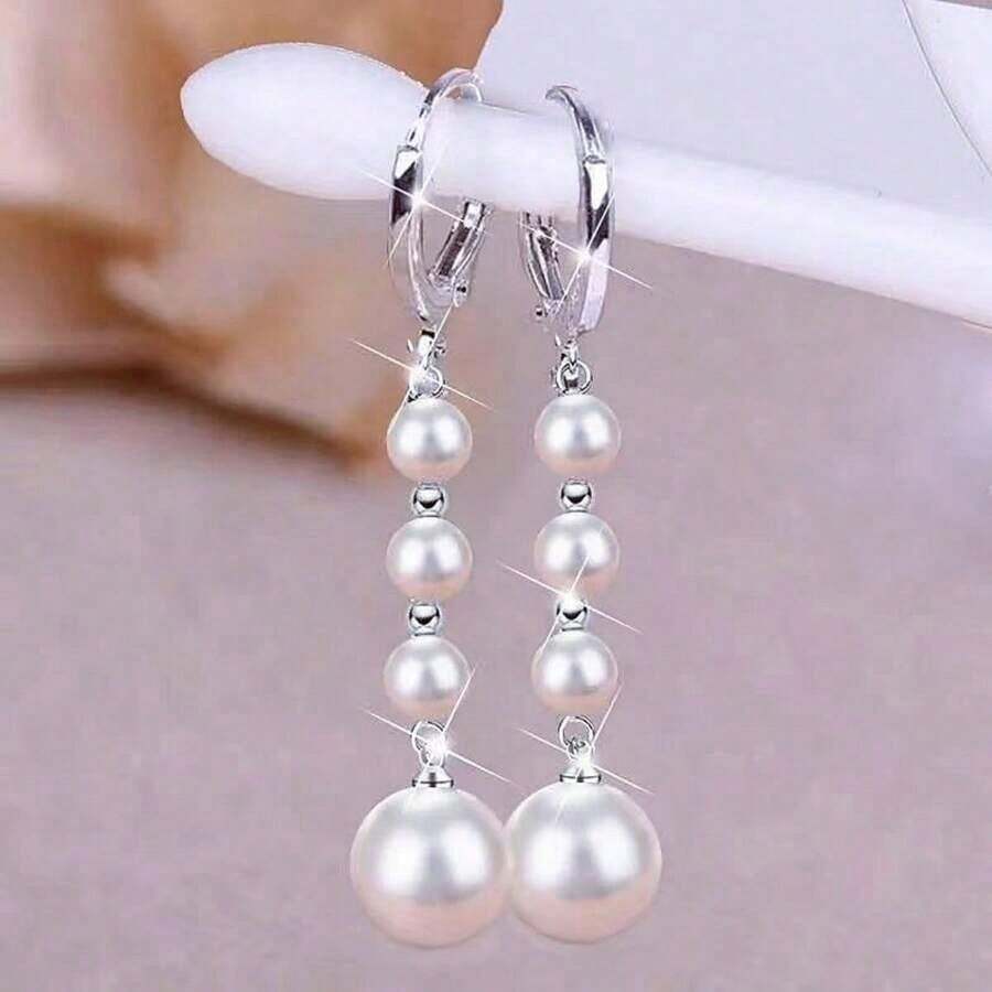 2pcs White Pearl Pendant Copper Earrings With Tassel Design - Ngọc trai - Xem 1
