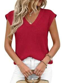 Women's Knit Sweaters Vest Lightweight Spring Cap Sleeve V Neck Tank Tops Summer Going Out Outfits - 紅色 - 查看 4