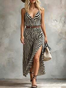 MOOSGOP Women's Spring/Summer Fashionable, Versatile, Casual, Elegant, Vacation-Style Zebra Digital Print V-Neck Spaghetti-Strap Split Dress - Multicolor - View 4