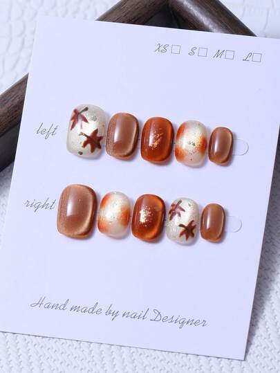 10pcs/Set Handcrafted Short Round Palm Pieces In Y2K Brown Style & Hand Painted Maple Leaf Gradient Shading & Gradient Fine Glitter Cat Eye Design Nail Decoration. 1 Piece Of Jelly Gel And 1 Piece Of Nail File. Perfect For Daily Life And For Costumes At Coachella Music Festival, Press On Nails And Nail Care Products.