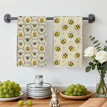2pcs Cartoon Bee Striped Pattern Printed 40*60cm Farmhouse Style Super Absorbent Microfiber Kitchen Towels, Dish Cloths, Hand Towels, Kitchen Decor, Housewarming Gifts, Suitable For Kitchen And Bathroom, Great For Homemakers And Family Gatherings, High Cost-Performance Household Essential - Yellow - View 8