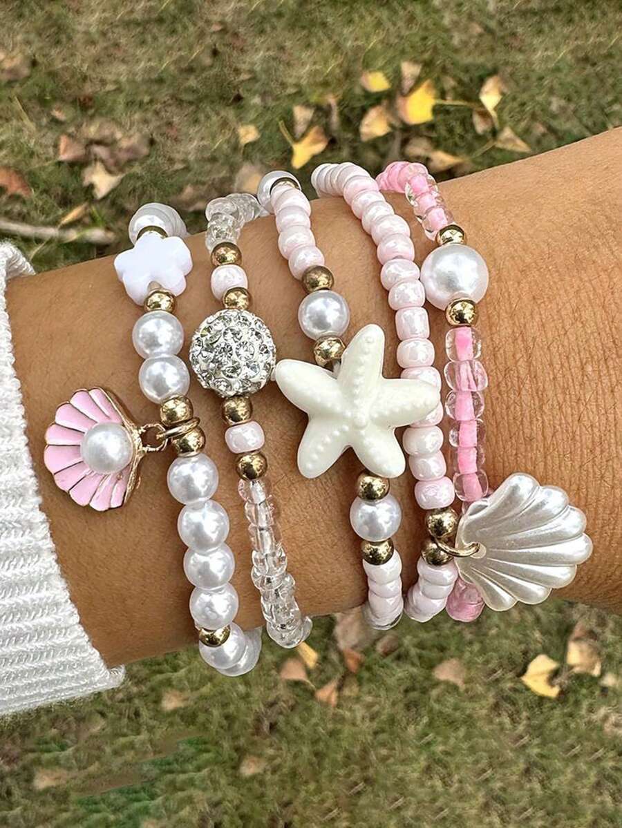 5件組優雅時尚金屬貝殼海星蝴蝶結吊墜手鍊組，多層可疊戴仿珍珠種子珠飾品套組，適合女孩派對、宴會、情人節送給朋友的禮物 - 彩色 - 查看 1
