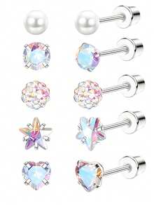 Bộ 5 đôi khuyên tai hình trái tim và ngôi sao màu hồng, trang sức xỏ khuyên sụn tai, vành tai, vành tai cho nữ, thích hợp đeo hàng ngày và dự tiệc. - 5 bộ - Màu sắc - Xem 1