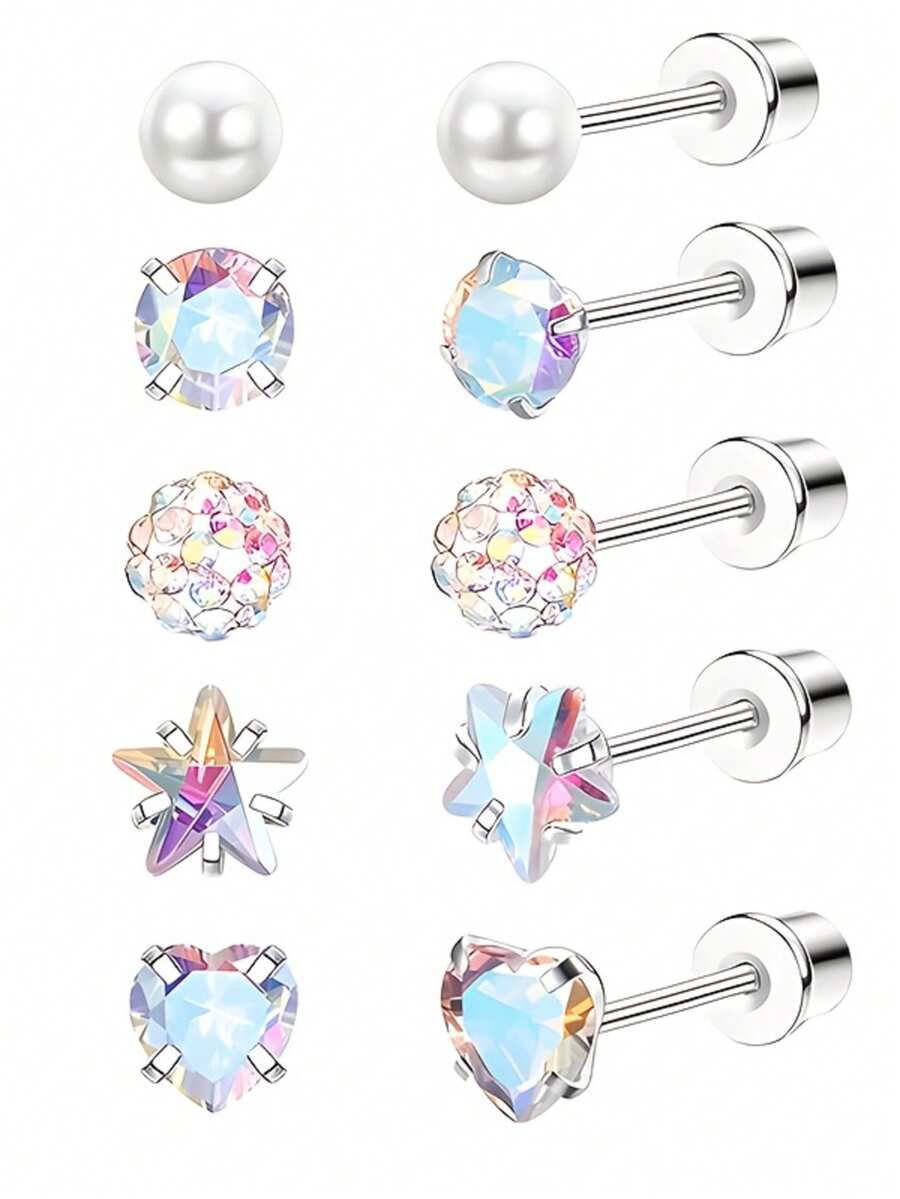 Bộ 5 đôi khuyên tai hình trái tim và ngôi sao màu hồng, trang sức xỏ khuyên sụn tai, vành tai, vành tai cho nữ, thích hợp đeo hàng ngày và dự tiệc. - 5 bộ - Màu sắc - Xem 1