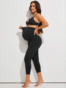 Maternity High Waist Full Length Leggings With Expandable Belly Panel Black Summer - Black - View 5