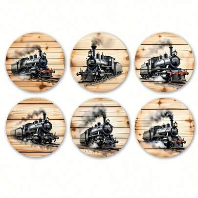 6个2D打印复古火车图案杯垫，木质材质，适用于庭院、厨房、客厅、家庭聚会餐桌装饰，节日送给亲朋好友的礼物，适合情人节、婚礼、母亲节、生日派对等场合，家居装饰配件，送给朋友的最佳礼物