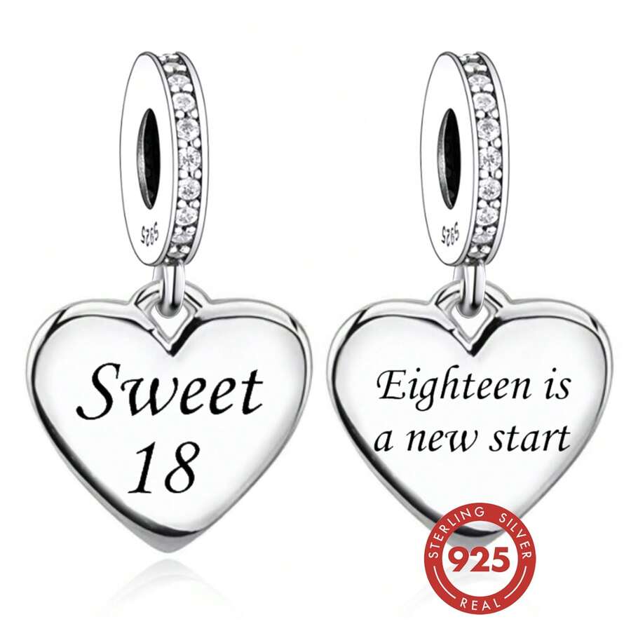 Bộ 1 mặt dây chuyền hình trái tim bằng bạc Sterling 925 "Sweet 18", mặt dây chuyền khắc chữ DIY, quà tặng trang sức dành cho người lớn unisex. - Bạc - Xem 1