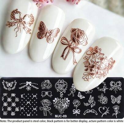 1pc Butterfly Rose Bow Nail Stamping Plate, Stainless Steel Nail Art Stamp Template, French Style Sweet Bow Flower Nail Print Stencil, Reusable DIY Manicure Tool For Press-On Nails, Nail Salon Supplies For Beginners, Vintage Rose Bow Nail Art Stamping Plate For DIY Nail Decoration, Nail Supply