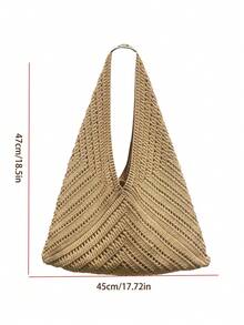 Dedoo French Style Large Opening Dumpling Shaped Crochet Bag, Presenting A Hollow V-Shaped (Herringbone) Rhombus Grid Pattern. Minimalist Vacation Style Handbag, Suitable For Summer Beach Trips, Daily Commute, Shopping And Dates. - Maroon - View 3
