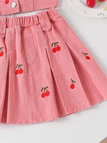 2 Stücke/Set Mädchen Süßer Vintage Kirsche Bestickter ärmelloser Jeansweste und Jeansplisseerock Set, Sommer - Wassermelonenrosa - Übersicht 4