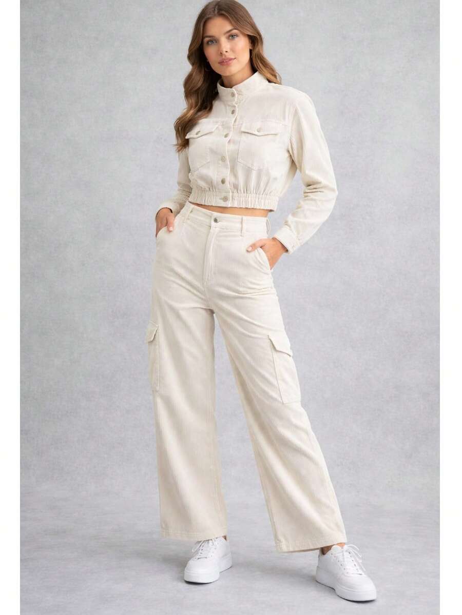 CONJUNTO CALÇA E JAQUETA FEMININO VELUDO COTELÊ PREMIUM – LOOK ELEGANTE E CONFORTÁVEL OUTONO/INVERNO - Branco - Visão 1