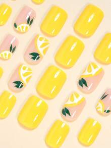 24pcs Summer Elegant Glossy Lemon Yellow & Green Leaf Stripe French Manicure False Nails, Fashionable & Versatile For Dates, Parties, Spring/Summer, Autumn/Winter Daily Wear, Removable Press-On Nails Set With Jelly Gel And File Included, Random Jelly Gel Color - Yellow - View 4