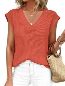 Women's Knit Sweaters Vest Lightweight Spring Cap Sleeve V Neck Tank Tops Summer Going Out Outfits - Orange - View 1