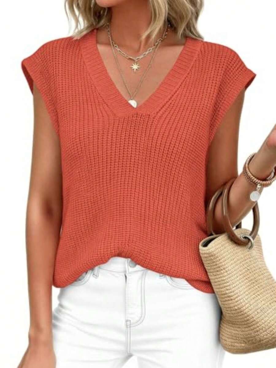 Women's Knit Sweaters Vest Lightweight Spring Cap Sleeve V Neck Tank Tops Summer Going Out Outfits - Orange - View 1