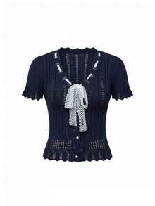 女士夏季新款蕾丝缎带纹理休闲修身荷叶边V领针织上衣 - 藏蓝色 - 查看 9