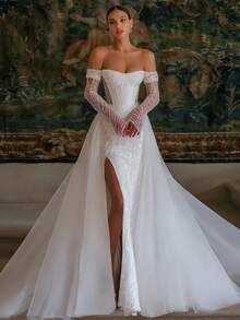 Luxurious Off-Shoulder Sequined Mermaid Wedding Dress With Detachable Tulle Train, High Side Slit, And Long Sheer Sleeves – Premium Beaded Lace With Full Crystal Sequins, Fitted Mermaid Silhouette, Off-Shoulder Neckline With Illusion Sleeves, Detachable Cathedral Train With Tulle Overlay, High Side Slit For Leg Exposure, Available In Ivory – Perfect For Spring/Summer Evening Weddings, Gala Events, And Destination Weddings, Glamorous And Sparkling Design, Ideal For Warm Weather, International Export Quality, Suitable For Global Bridal Market - 白色 - 查看 2