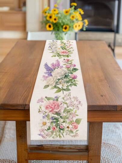 1 pieza Elegante camino de mesa de acuarela floral con rosas rosadas, rosas blancas, margaritas y lilas - Decoración de mesa de comedor y cocina con tema de primavera en tonos pastel suaves, tela para mesas de té, corredores de bufé, centros de mesa