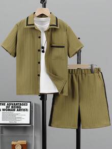 2pcs/Set Tween Boy Casual Textured Linen Contrast Trim Polo Collar Short Sleeve Cardigan And Shorts, Summer - Army Green - View 2