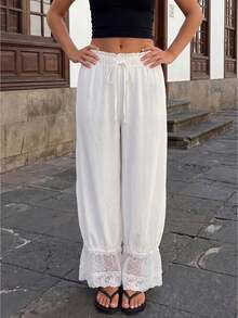 Women Linen Lace Trim Long Bloomers Pants Ruffle Victorian Vintage Pantaloons Summer Beach Travel Vacation Pants - 白色 - 查看 1