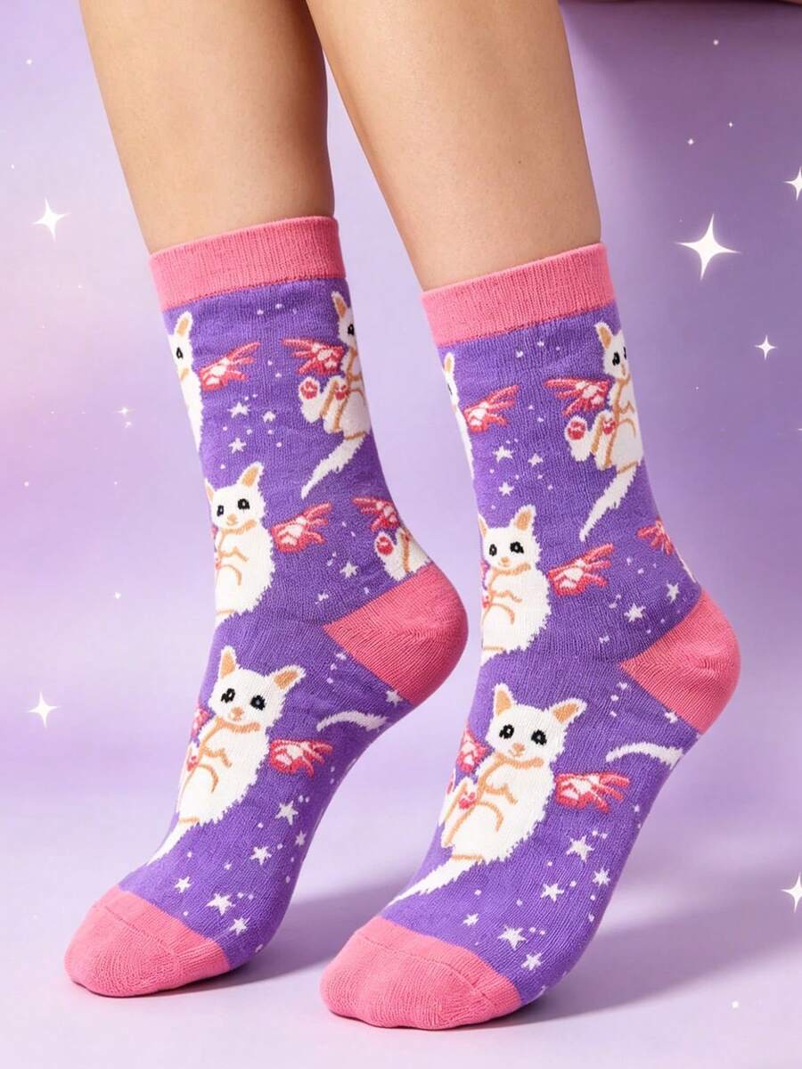 1 Pair Women's Casual Versatile Cat Wing Design Mid-Calf Socks - Pink - View 1