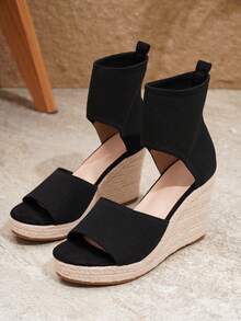 Women's Elastic Knit Linen Sole Slip-On Wedge Boots, Minimalist Casual Hollow-Out Platform Shoes, Suitable For Outings, Vacations, And Parties In All Seasons - Black - View 6