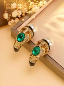 1 par de pendientes de estilo de corte vintage con gemas verdes para mujer, pendientes huecos de perla y oro retro, pendientes de botón de lujo tipo esmeralda, accesorios para vestidos de banquete - Multicolor - Ver 12