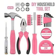 24pcs Steel Household Tool Box Set, Tool Kit For DIY, Necessities For Daily Decoration And Maintenance, Creative Gift For Ladies 1 Set Home Manual Tool Set, Hardware Repair Tool, Home Multi-Functional Vehicle Combination Toolbox Set - Pink - View 3