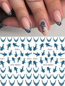 2 Pcs 3D Ocean Shark Nail Art Stickers Fashionable Polka Dot French Wave Line Sea Shark Adhesive Nail Charms Summer Ocean Series Y2K Nail Decoration Accessories - 藍白色 - 查看 7