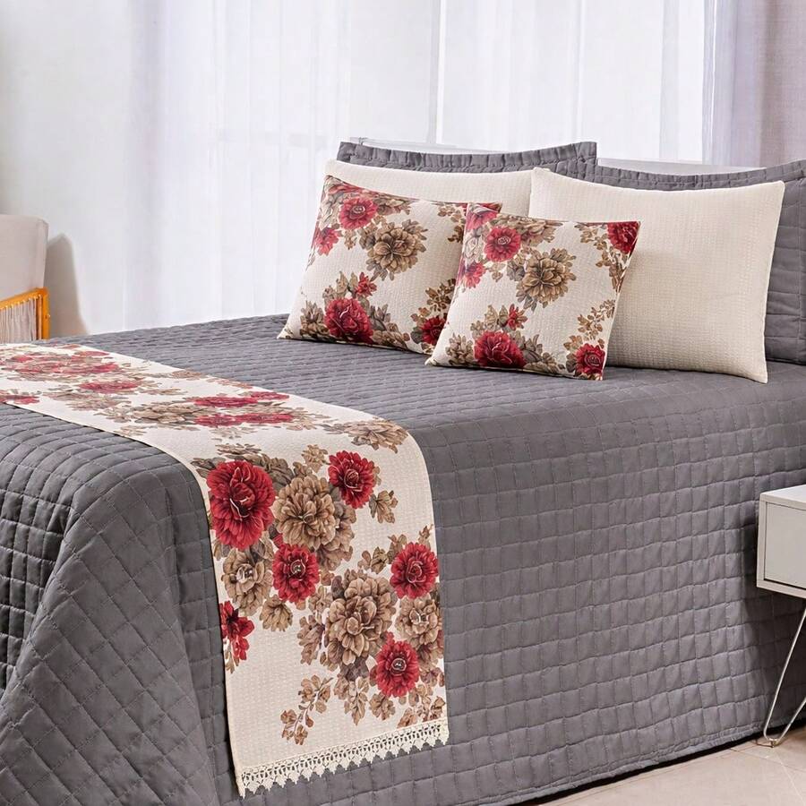 Bed Runner Set With 3 Piqué Pillow Covers. - Red Floral - View 1