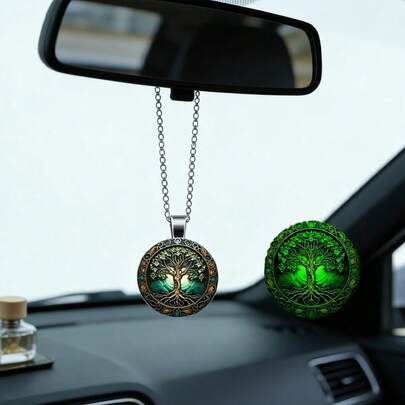 精致复古风格生命之树吊坠，不锈钢链，汽车后视镜挂饰，象征好运。