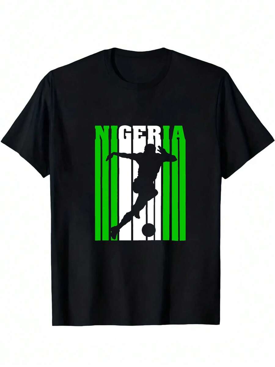 Nigeria Football Player Silhouette Print T Shirt For Kids, Playful Graphic Tee, Size 3-13Y - 黑色 - 查看 1