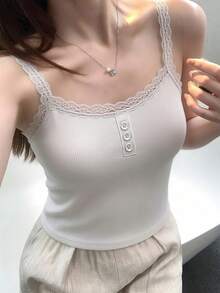 蕾丝边罗纹吊带背心，纽扣细节无袖修身背心，甜美女孩日常穿着 - 白色 - 查看 5