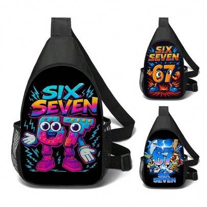 Creative 67 Print Crossbody Bag, Interesting Style Suitable For Kids, Colorful Holiday Graphic Front Pocket Sports Bag - Casual Shoulder Bag