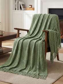 1pc Light Blue Diamond Plaid Knitted Blanket, Nordic Casual Style Tasseled Rectangular Throw Blanket For Sofa, Office Nap, Everyday Use - Bubble Towel Olive Green - View 4