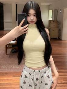美式性感女士灰色無袖小立領緊身背心，彈性修身夏季休閒春季黃色細肩帶背心 - 黃色 - 查看 2