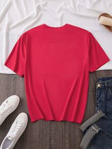 % Cotton Women's Fashion Printed-Shirt, Soft And Versatile, Poker Card Print With Unique A To 10 Of Spades Design, Short Sleeve-Shirt, Suitable Casual Wear, Fashionable All-Season Top, Softstyle Casual Tee, Short Sleeve Party And Casual Wear - 紅色 - 查看 3