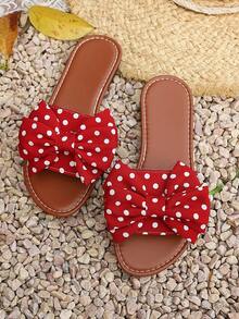 Women's Fashion Flat Slippers, Red And White Polka Dot Bow Decor, Flat Round Toe Open Toe Design, Comfortable For Indoor And Outdoor Wear, Spring/Summer - Red - View 6