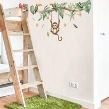 1pc Fresh Green Plant & Animal Wall Sticker, Toucan Monkey Self-Adhesive Easy To Apply Wall Decor For Kids Room - Multicolor - View 3
