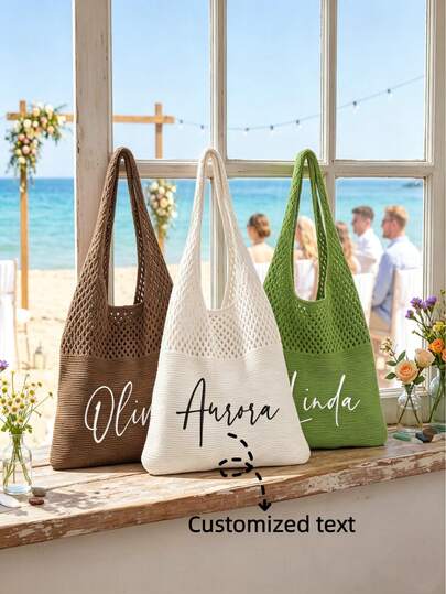 Personalized Knitted Beach Bag, Customizable Embroidered Beach Tote Bag, Customizable Name Tote Bag, Beach Vacation Gift, Single Party Bag, Bridesmaid Gift Bag, Ladies Travel And Vacation Tote Bag