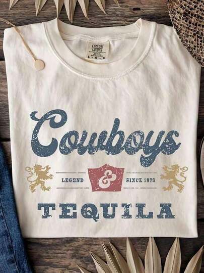 Jiacheng Z Cowboys And Tequila, Western Svg, Vintage Cowboy Shirt, Barbecue Party Wear, Fun Cowboy Rel, Tequila Lovers , Western StyleShort Sleeve Tops For Women Plus Size Spring Outfits For Women Spring Break Casual Daily Wear.