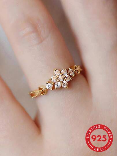 BALMORA 1枚925纯银复古奢华优雅雪花锆石镀金小戒指，女士日常派对珠宝礼品